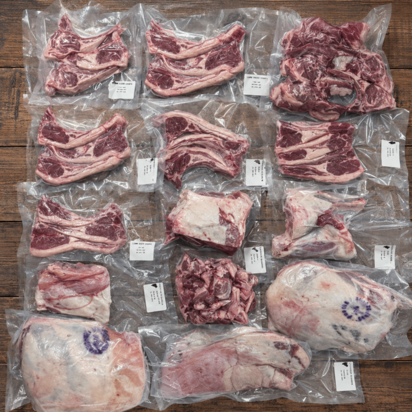 A selection of fresh lamb cuts: chop, shoulder, leg and shin